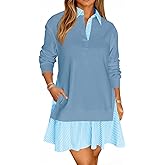 Wenrine Womens Oversized Sweatshirt Dress Casual Long Sleeve Collared V Neck Patchwork Loose Mini Dresses