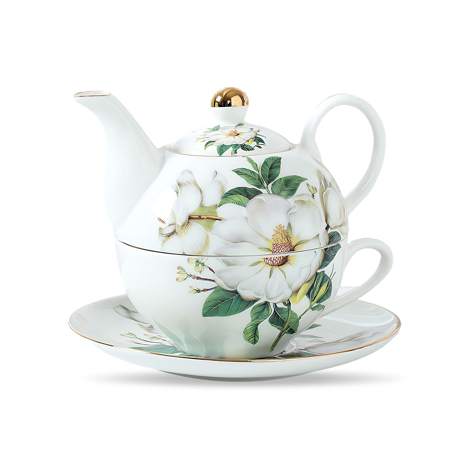 Porcelain Teapot with Lid, Tea Pot for One with Cup & Saucer Serving Set for Home Kitchen Office Afternoon Tea 255ml