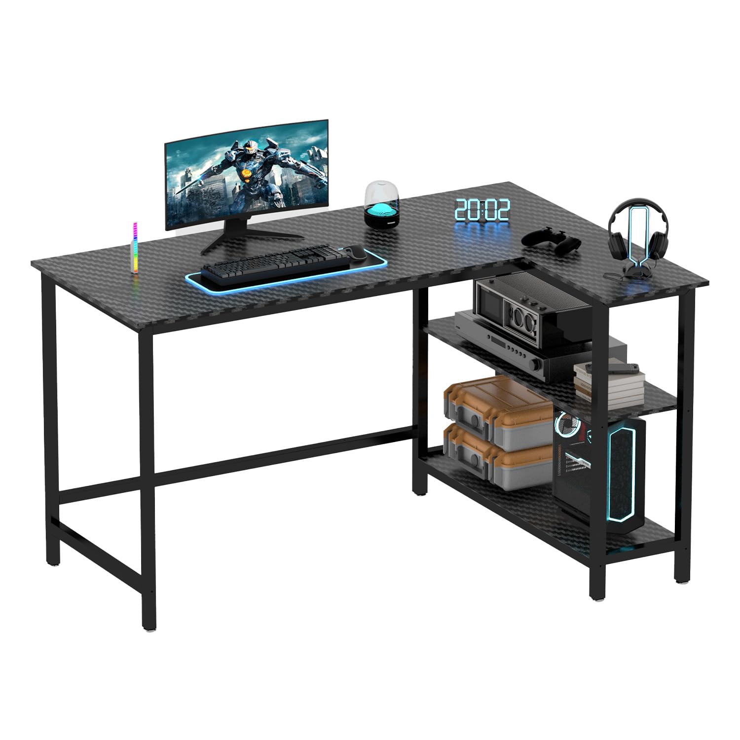 Photo 1 of WOODYNLUX Computer Desk with Shelves, 50 Inch Gaming Writing Desk, Study PC Table Workstation with Storage for Home Office, Living Room, Bedroom, Metal Frame, Black