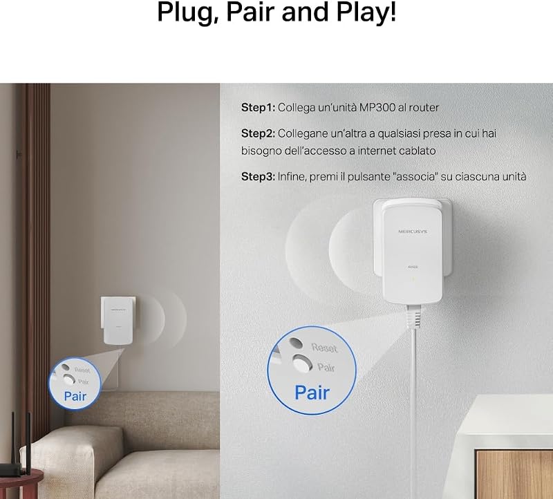 MP300 KIT Powerline Kit Homeplug AV2 Fino a 600Mbps, Fino a 300 Metri, Porta LAN, Plug and Play, Compatibile con Tutti i Router, Risparmia all'85% sull'Energia