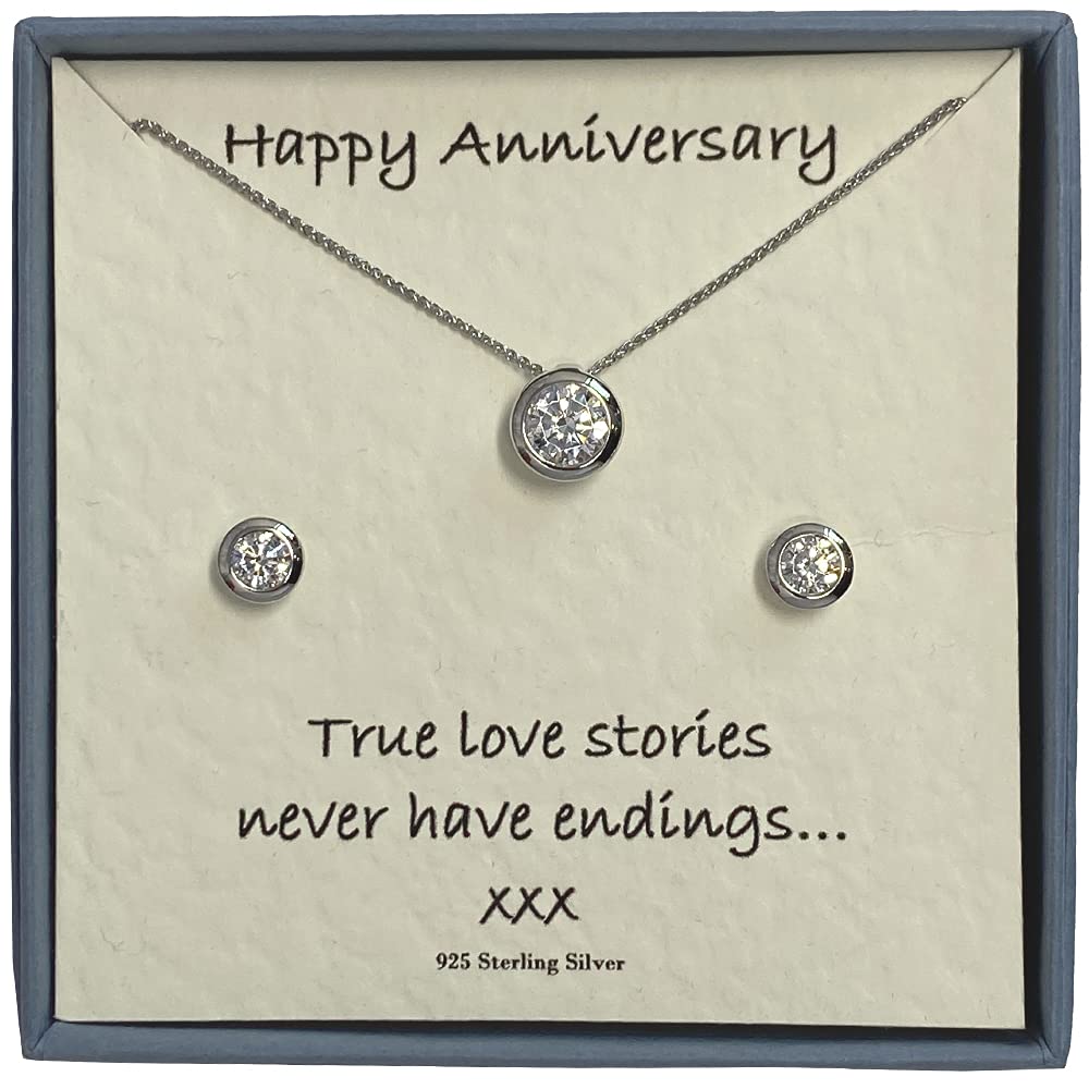Strictly Gifts Sterling Silver Cubic Zirconia Solitaire Necklace & Earrings Set with Happy Anniversary Message and Gift Box for Wife or Girlfriend