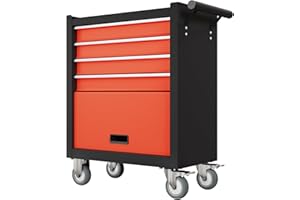 CMFYDAILY 4-Drawers Black&Red Rolling Tool Chest Tool Box Organizer with Lockable, Metal Rolling Tool Cart Tool Storage Toolbox, Tool Cabinet Rolling Tool Box with Drawers for Garage, Workshop, Home Repair