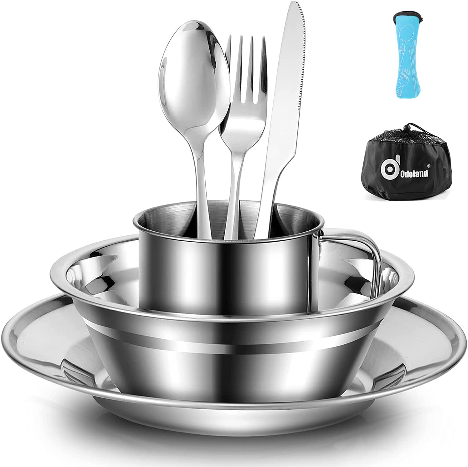Odoland Camping Cutlery Set - Stainless Steel Tableware Mess Kit Plate Cup Fork Spoon, 8 in 1 Flatware Kit with Mesh Bag - Dinnerware Utensils Set for Outdoor Camping Hiking and Picnic for 1 People