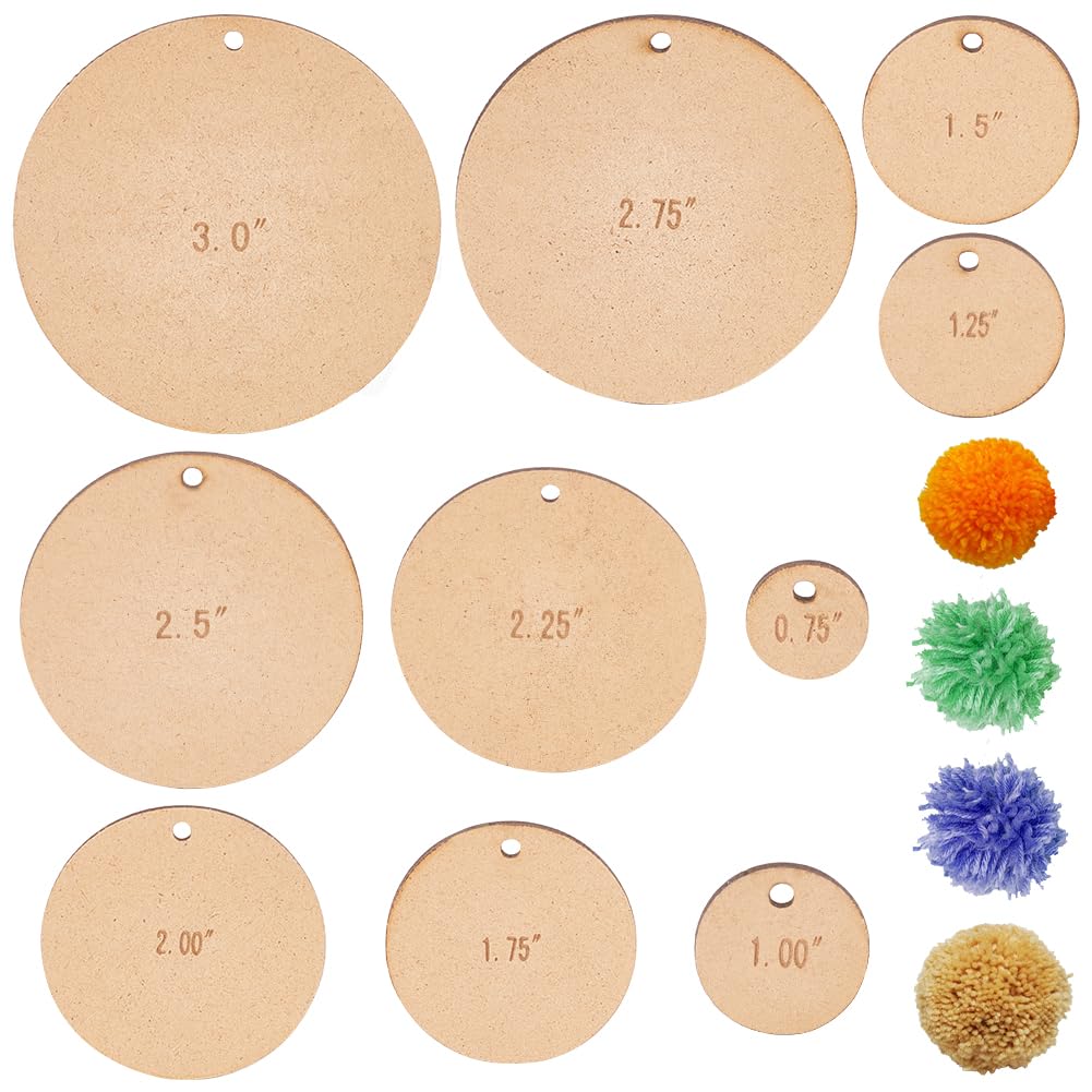BENECREAT 20pcs 10 Sizes Pom Pom Maker Circle Wood Pompom Maker Tool Flat Round Pom Ball Craft Tool Set Trimming Guide for Needle Craft DIY Wool Knitting Craft