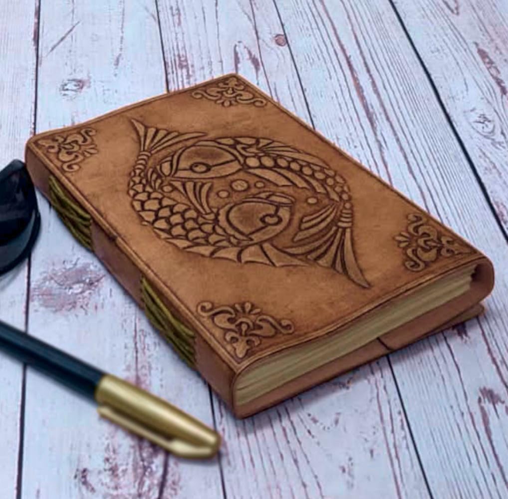 Purpledip Leather Journal (Diary Notebook) 'Koi Fish - Fire & Water (Yin & Yang)': Handmade Paper In Leather Cover For Corporate Gift or Personal Memoir (11325)