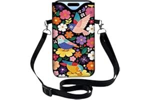 PRESSINART Floral Phone Pouch Phone Crossbody Sleeve Birds Colorful Nylon Neoprene Waterproof Cellphone Bag Case with Strap N