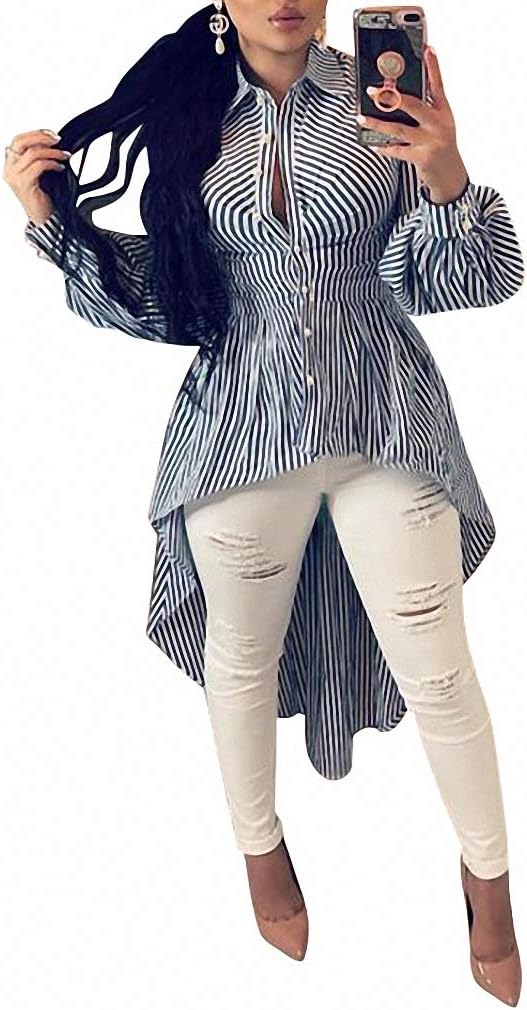 Women Stripe Print Long Sleeve Bodycon High Low Asymmetrical Button Down Shirt Blouse Top