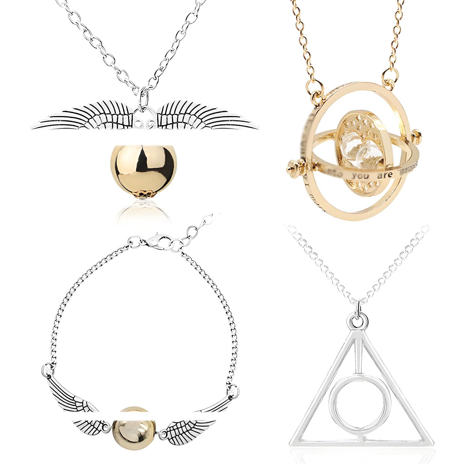 HJYZY 4 pcs Spinning Hourglass Pendant Necklace Golden Snitch Pendant Necklace Bracelet Triangle Pendant Necklace The Best Gift for Fans