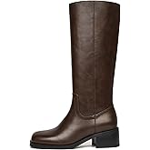 SUIARA Knee High Boots Women Square Toe Chunky Block Heel Banana Campus Boot Wide Calf Comfortable Low Heel Riding Long Boots