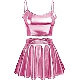 SFBBCLOZ Women's Rave Outfit Sets For Women Festivals 2 Pcs Metallic Tops Long Skirt EDM Party Club Holographic Rave Outfits