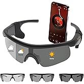 Photochromic Smart Glasses for Men & Women, Bluetooth 5.3 Sports Sunglasses with Hands-Free Calls, Open-Ear Speaker, Polarized UV400, IPX5 Waterproof, Magnetic Charging for Running Cycling(Black/Grey)