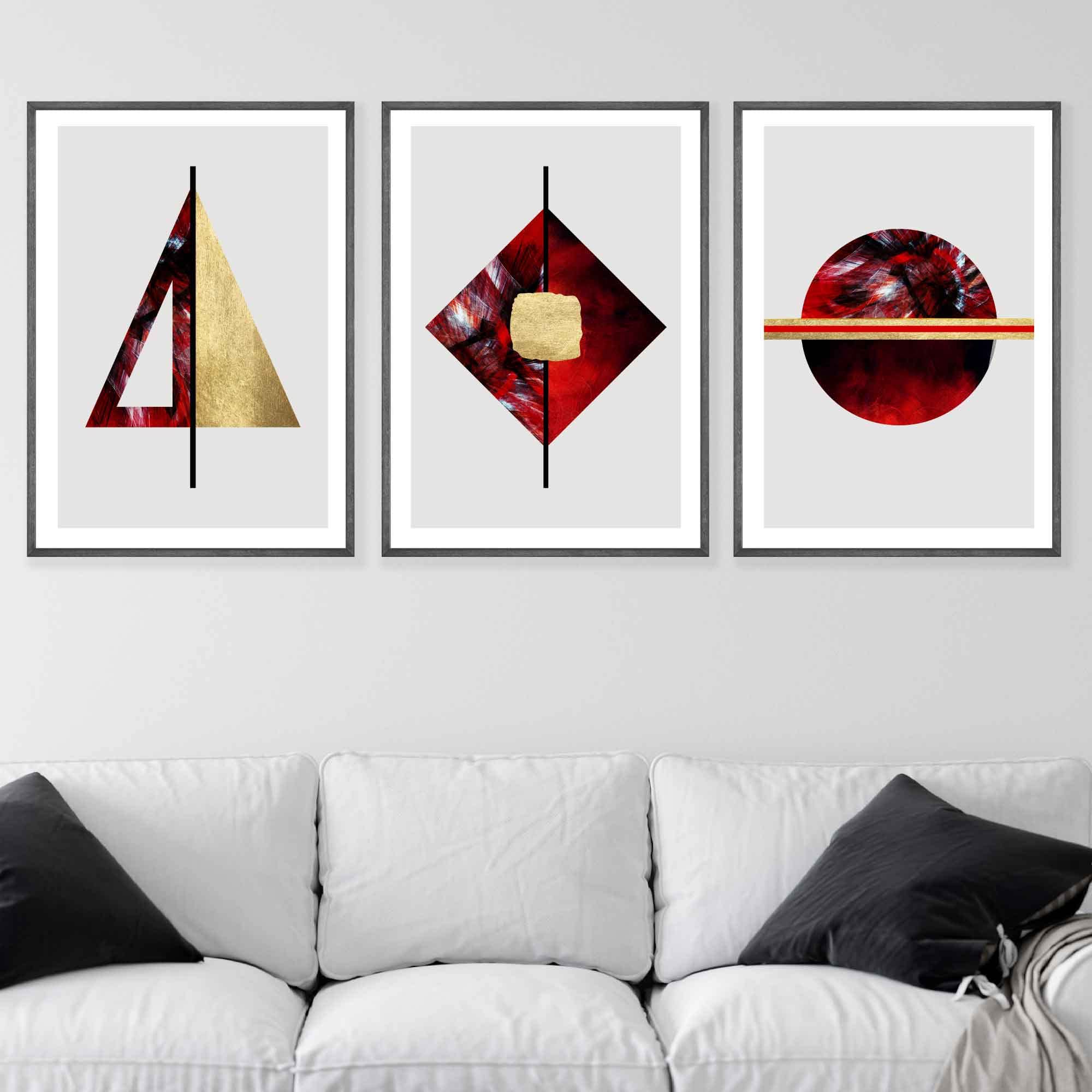 Artze Wall Art Graphical Shapes Wall Art Prints 3-Piece Set, A2 Size, Red/Black/Gold