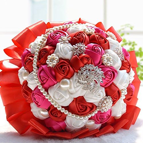 Rose Flower Wedding Bouquet Brooch Crystal Pearls Silk Bridal Flowers (Red)