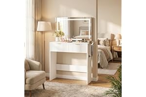 IIDEALHOUSE White Fluted Vanity Desk with Large Mirror and Lights, 2 Drawers, 3 Lighting Modes, Adjustable Brightness for Bed