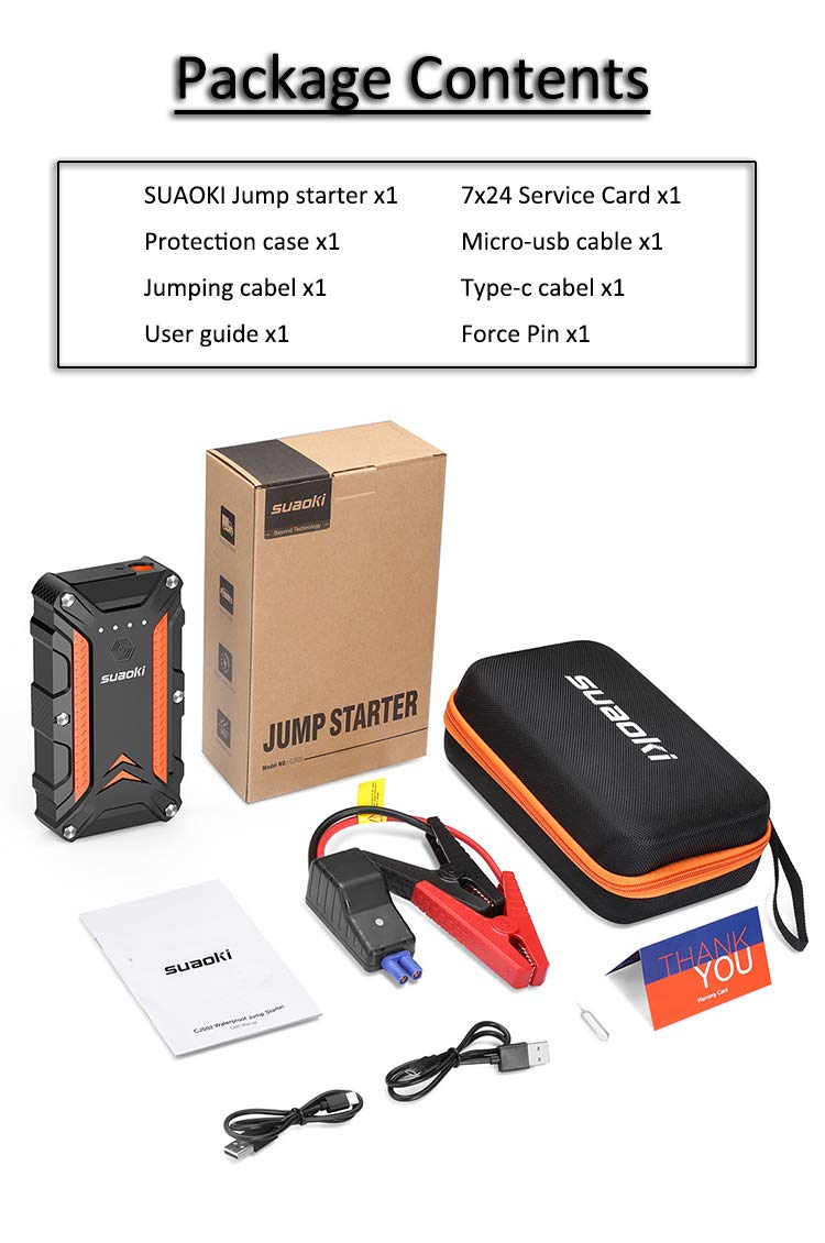 SUAOKI Car Jump Starter, 1000A Peak 12V Protable Auto Vehicle Battery Booster (up to 7L gas 5L