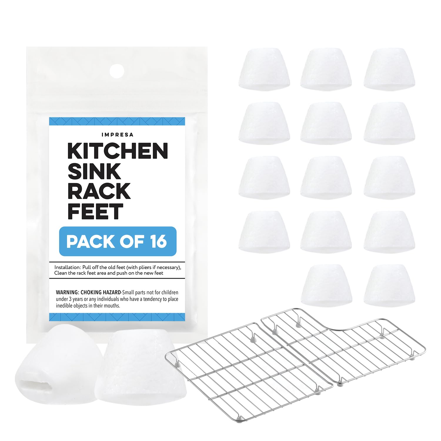 Photo 1 of IMPRESA Kitchen Sink Rack Feet - Compatible with Kohler 84544-0 - 16-Pack, White Rubber, 0.37" Opening - Replacement Feet for Sink Rack & Grate