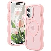Amzfield Magnetic for iPhone 16 Case, Compatible with Magsafe Wavy Frame Cute Design Translucent Matte Hard Back Silicone Bumper Shockproof Protective Phone Case for iPhone 16 Women Girls, Pink
