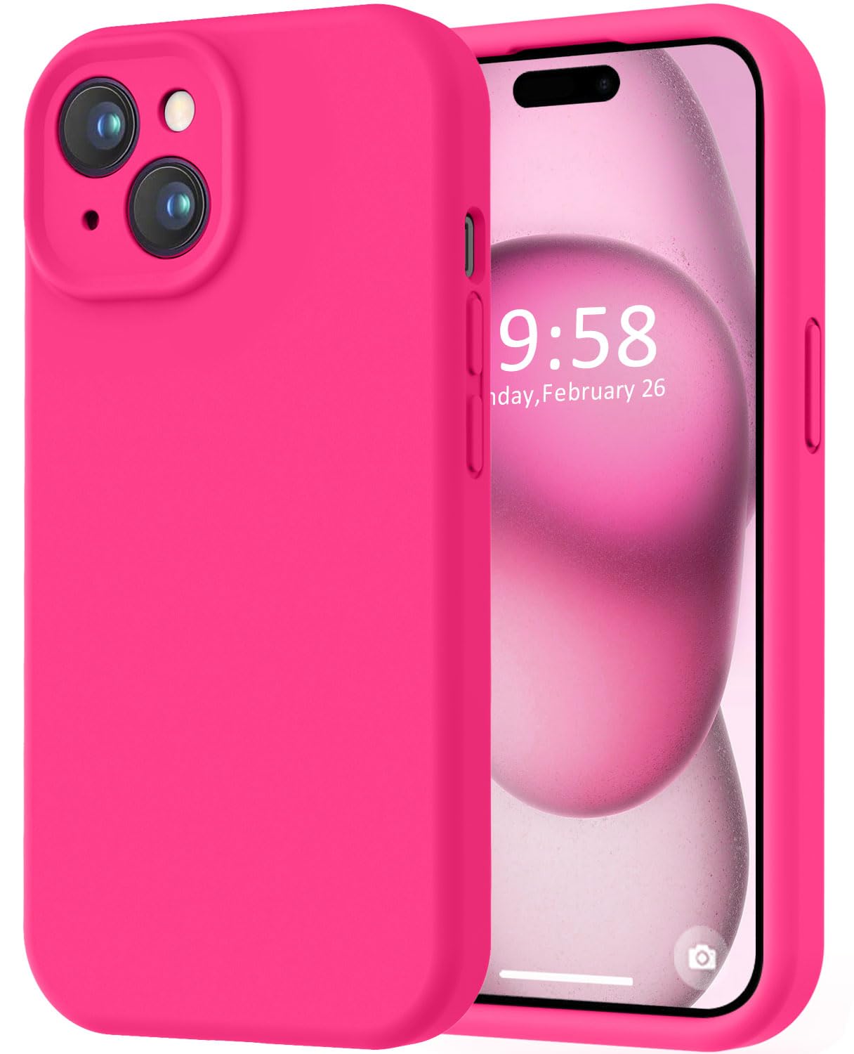 LOVE 3000 Compatible with iPhone 15 Case, [Smooth Silicone Full Coverage Camera] [8ft Drop Protection], Soft Microfiber Lining Full Body Protective Case for iPhone 15 6.1 inch - Hot Pink