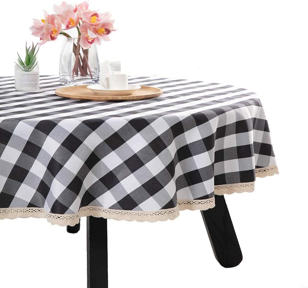 Nobildonna 55Inch Gingham Checkered Tablecloth, Black & White Checker, Round Lace Polyester Tablecloth
