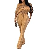 Unybwonn Women's 2 Piece Outfits One Shoulder Short Sleeve Crop Top Stretch High Waisted Bell Bottom Flare Pants Sets