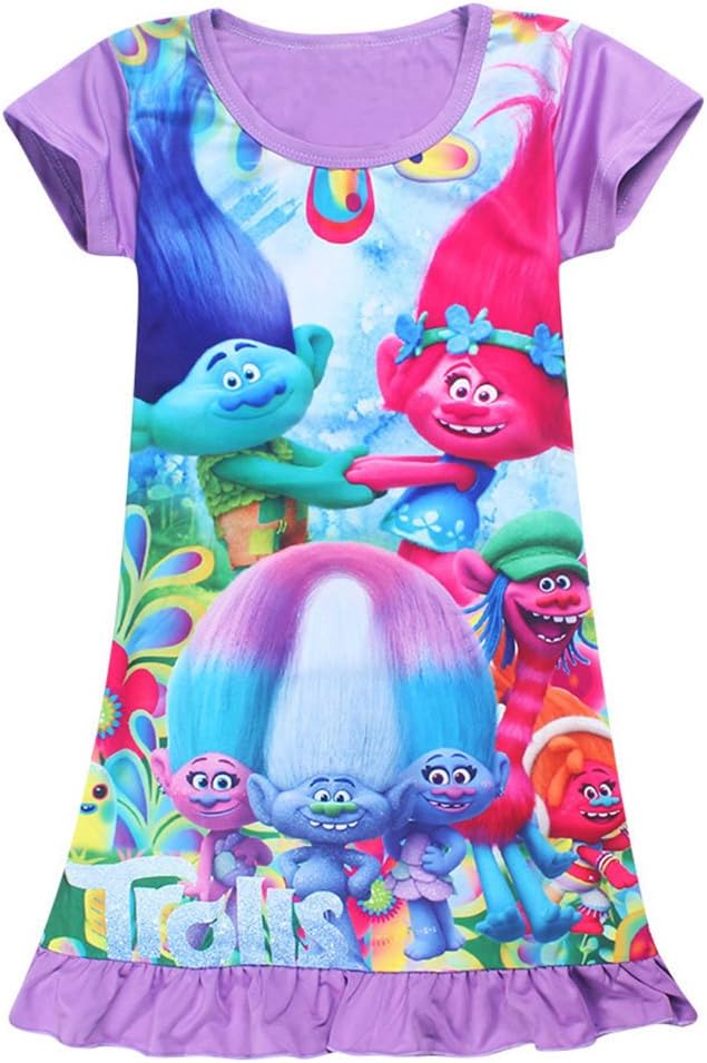 KIDHF Trolls Comfy Loose Fit Pajamas Girls Printed Princess Dress