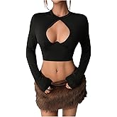 SweatyRocks Women's Cut Out Long Sleeve Crop Tops Sexy Crew Neck Fitted Going Out Rave Tops