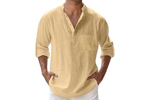 YOUYING Men's Cotton Linen Henley Shirt Long Sleeve Hippie Casual Beach T Shirt Summer Loose Lightweight Band Collar Yoga Top