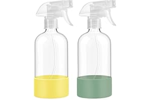 FANSTINOW Glass Spray Bottles with Silicone Sleeve Protection, 16 oz Empty Refillable Containers, Reusable Spray Bottles with Adjustable Nozzle for Hair, Cleaning Solutions,Plants , 2 Pack Olive Green&Yellow