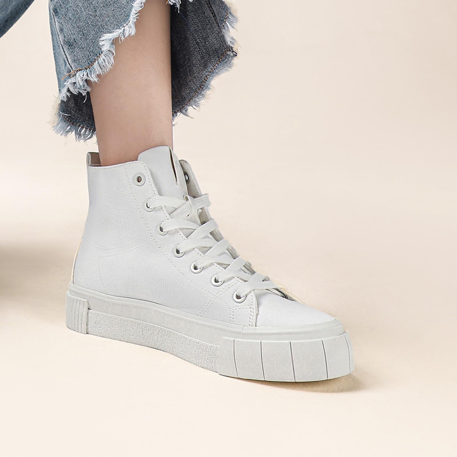 JATJA Womens White High Top Sneakers | Casual Medium-Width Twill Fabric Platform Sneakers for Women Size 7.5