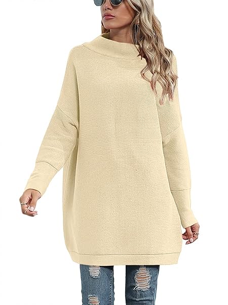 PRINBARA WOMEN’S CASUAL TURTLENECK BATWING SLEEVE OVERSIZED RIBBED KNIT TUNIC SWEATERS PULLOVER TOPS