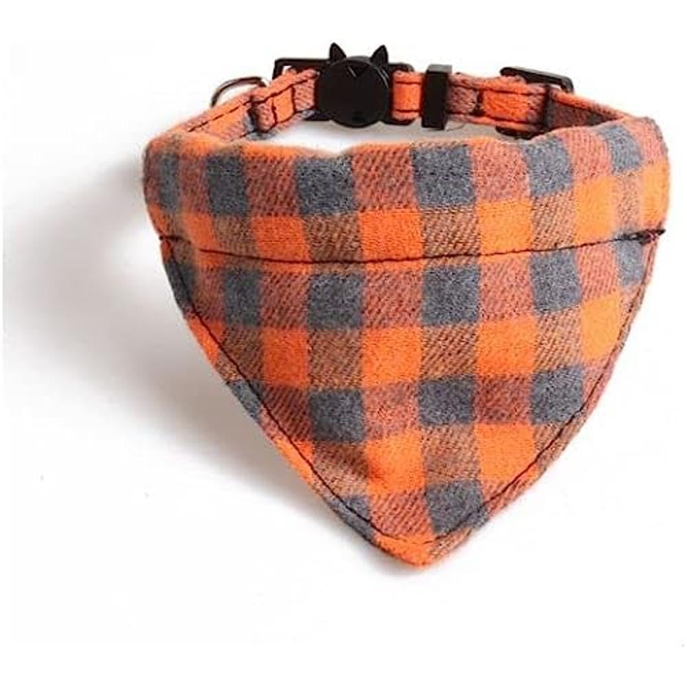 Bandana Cat Collars and Bell | Safe Quick Release Breakaway Buckle | Zacal Cat Collars (Orange & Grey Chequered Bandana)