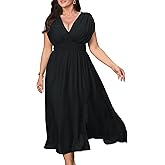baronshion Womens Plus Size Dresses Short Sleeve V Neck Casual Dress Elastic Waist Flowy A Line Long Maxi Dresses