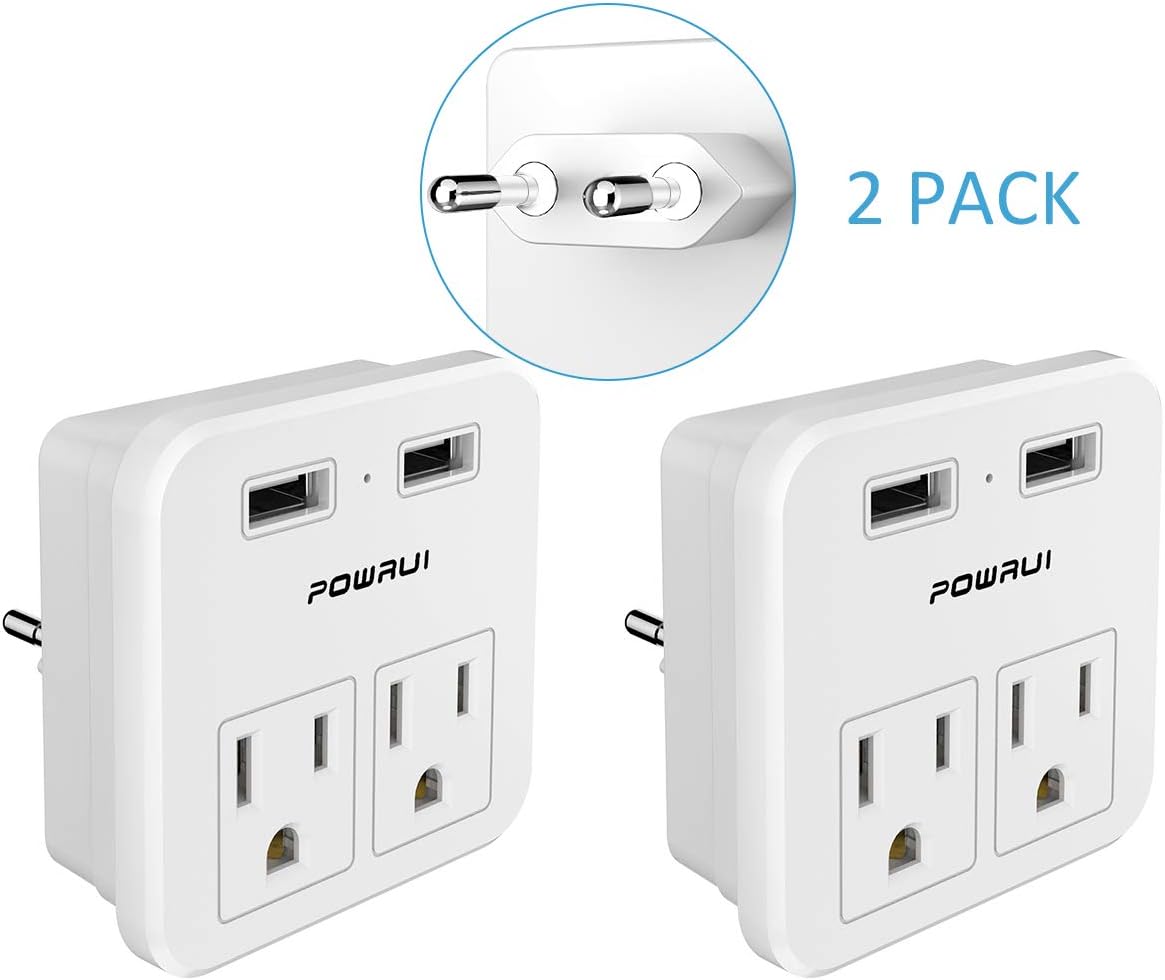 European Travel Plug Adapter, POWRUI 2 Pack International Power Adapter with 2 AC Outlets and Dual USB ports for USA To Most of Europe EU Israel Brazil Italy(Type C - Most of Europe): Home Improvement