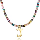 YOUFENG Initial Letter Necklaces for Women Colorful Beaded Gemstone Choker 14K Gold Plated Bamboo Letter Pendant Necklace Natural Stone Handmade Jewelry Gift