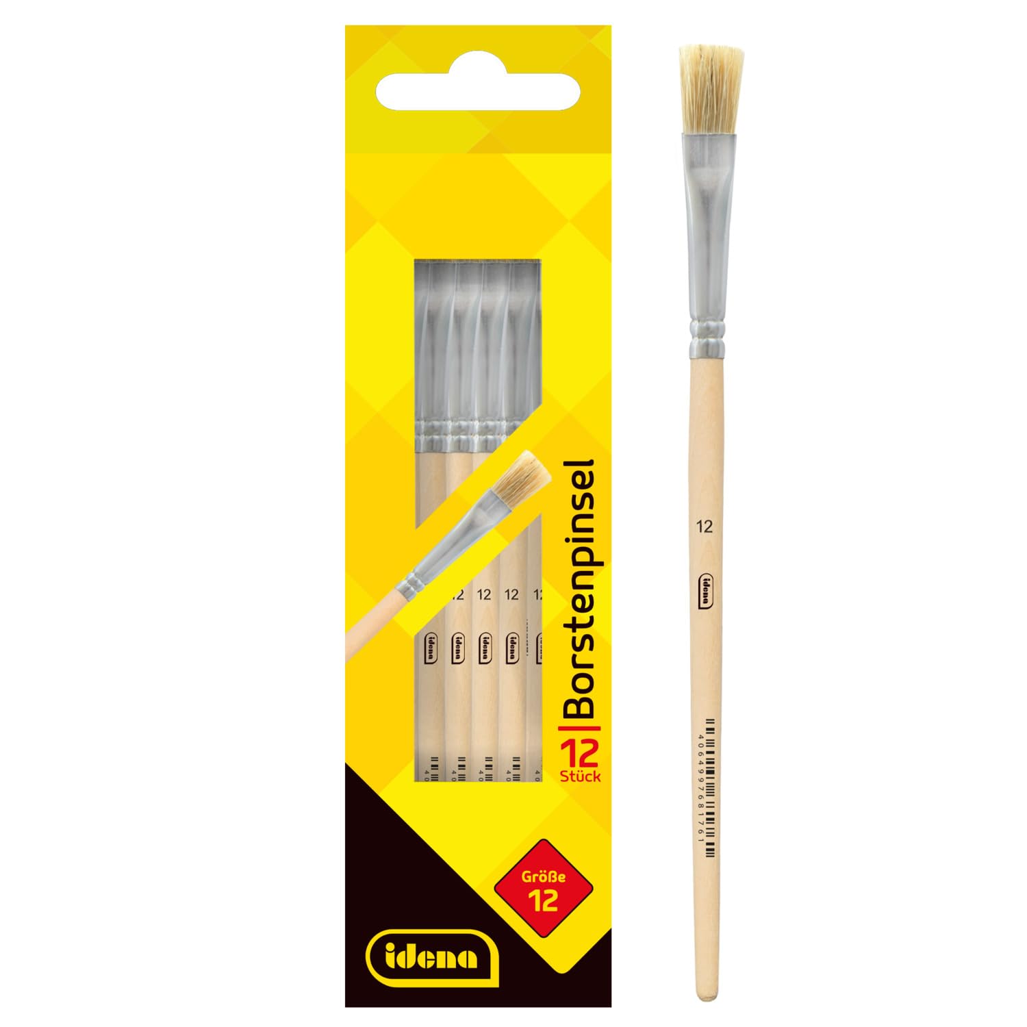 Idena 90098 Bristle Brush, Size 12, with Unpainted Wooden Handle, Set of 12, Painting Brushes for School Children Hobby Artists