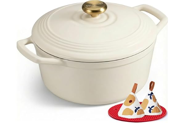 Overmont Enameled Cast Iron Dutch Oven - Cookware with Cookbook Cotton Heat-resistant Caps - Heavy-Duty Enamel Pot with Lid f