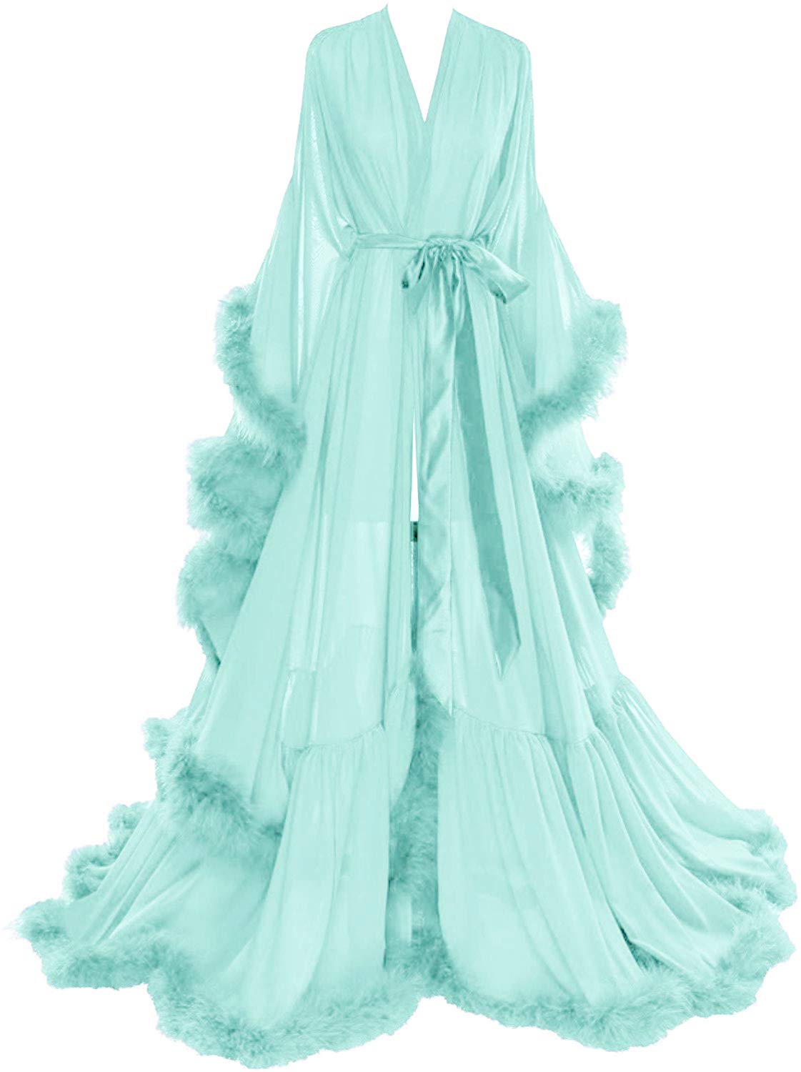 MolisaWomens Sexy Feather Bridal Robe Long Wedding Scarf Illusion Bathrobe Sleepwear Lingerie Robe Nightgown