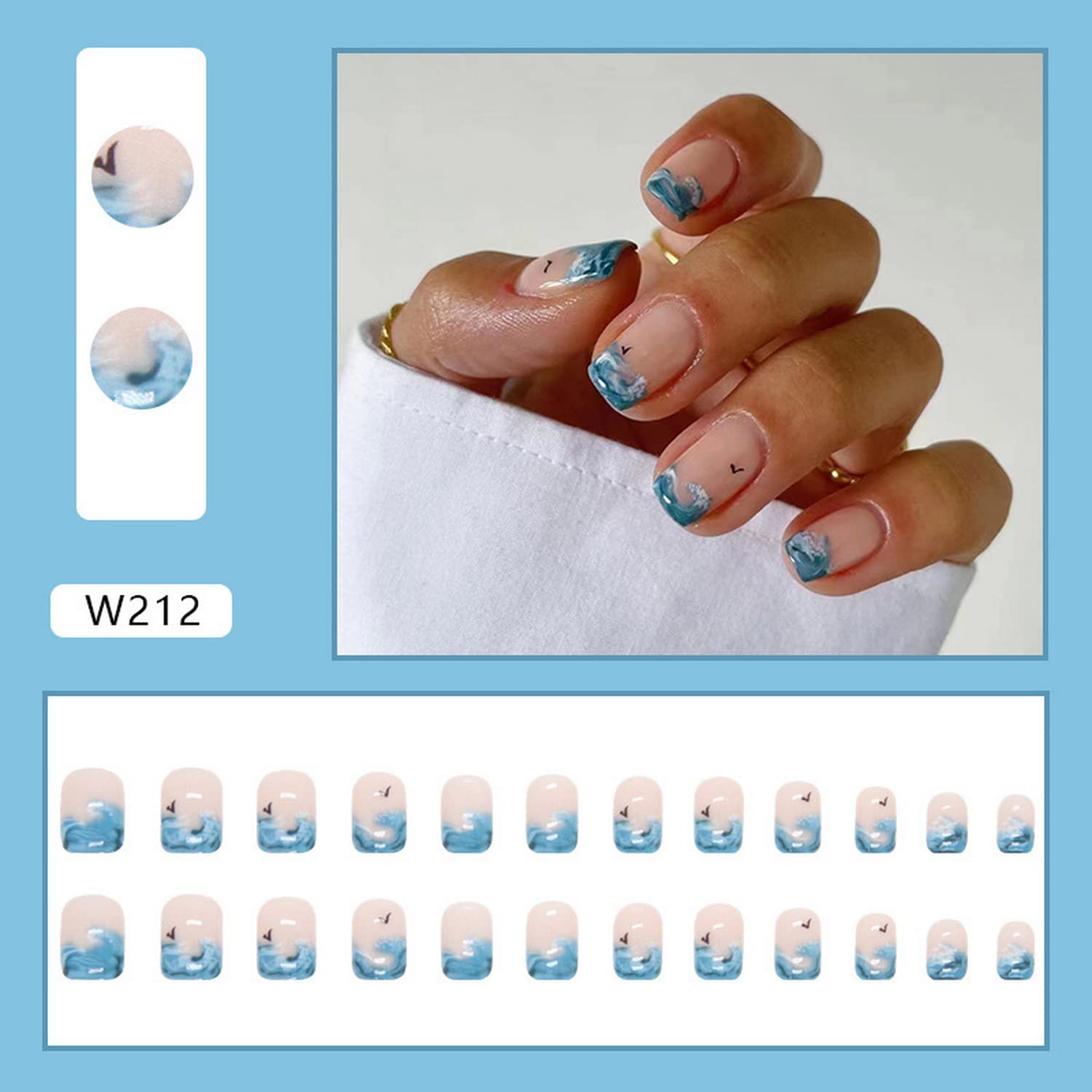 24Pcs Summer Press on Nails Short Blue Fake Nails Sea Wave French Tip Designs Square Acrylic Nails Nude Glossy Glue on Nails Extra Short Artificial Nails for Women Girls Holiday Nail Decorations - Image 7