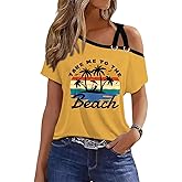 Womens Summer Trendy Cold Shoulder Short Sleeve T Shirts Criss Cross Casual Loose Tunic Shirts Tops Blouses