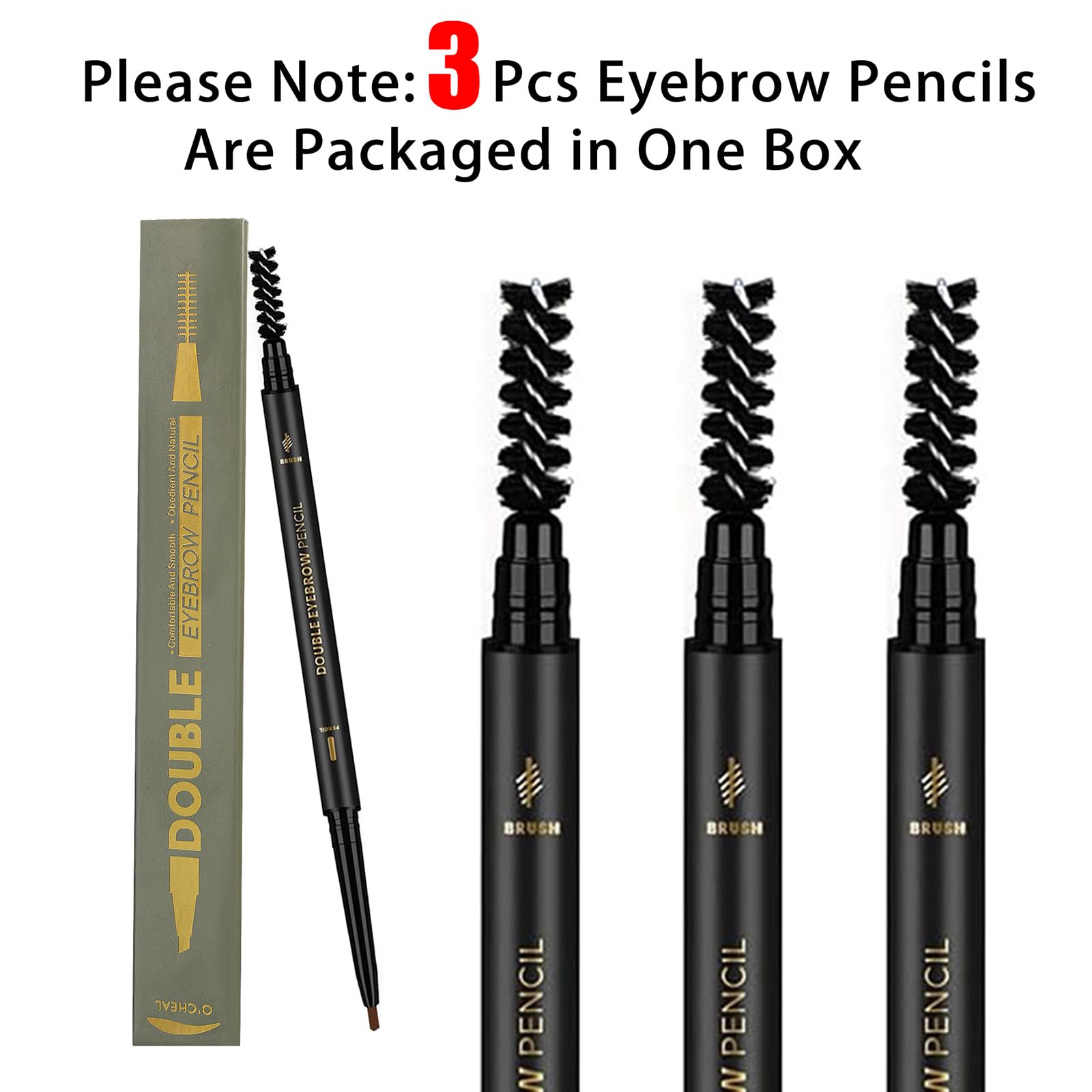 3 Pcs Waterproof Eyebrow Pencil Dark Brown, Premium Eye Brow Pencil Brn with Spoolie Brush, Longwearing for Perfect Brows, Professional, Precision, Defines, Universal Benefit Eyebrow Pencil, O'CHEAL