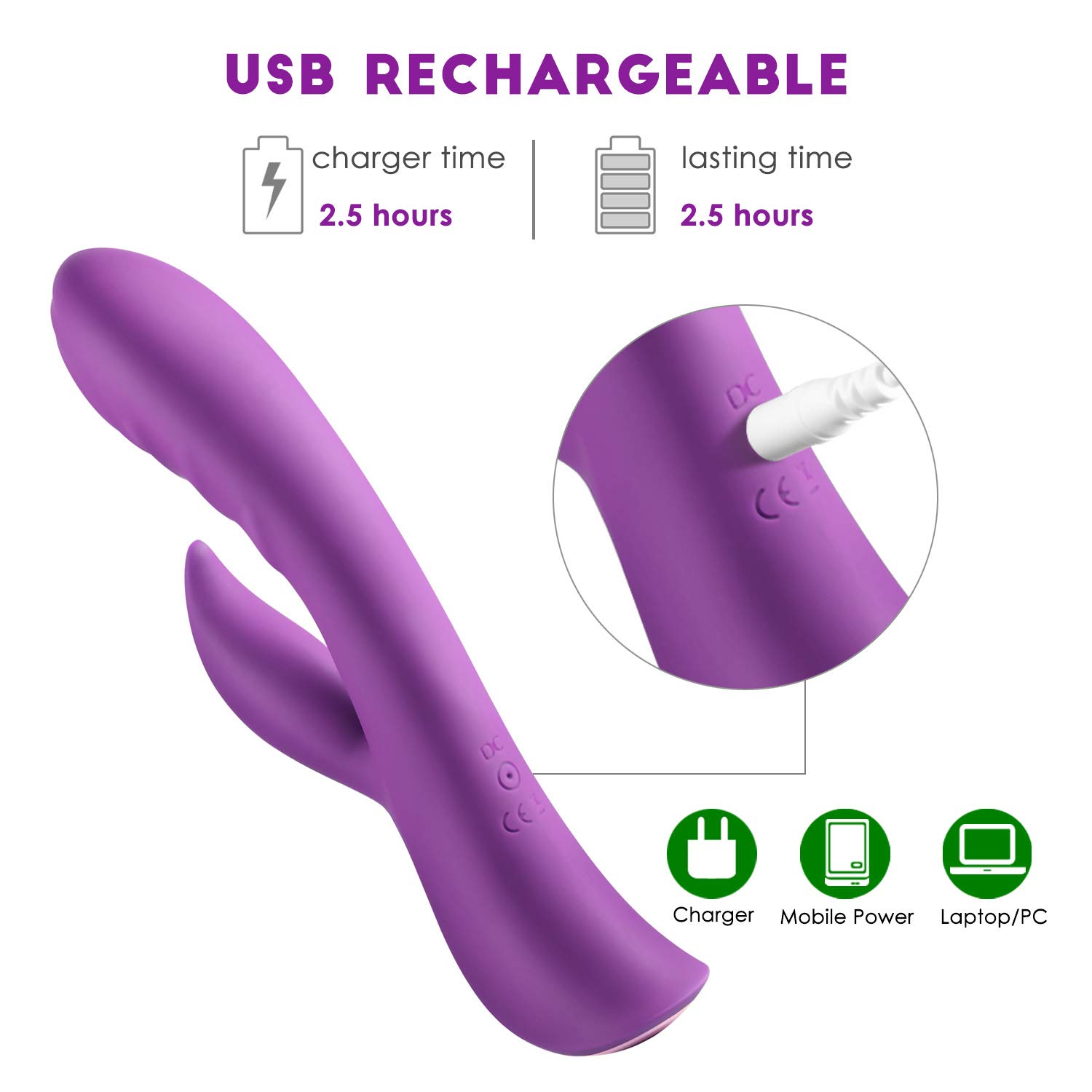 AL\'OFA Vibrador Rabbit G-punto Clitoris Vibrante Estimulador 10 Modos USB Recargable Impermeable Juguetes Sexuales, Morado