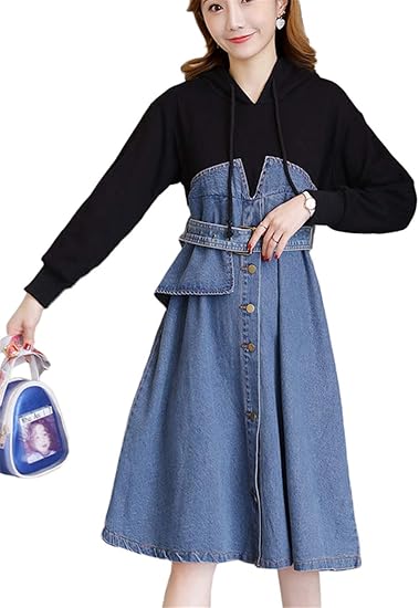 Amazon Co Jp Youyouok デニムワンピース レディース 春と秋 ドレス フード付き ワンピース ファッション 大きいサイズ 着痩せ ワンピース Aライン 通勤 服 ファッション小物