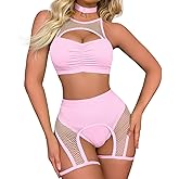 Women Rave Outfits Cutout Fishnet Top Booty Shorts Bottom Choker 3Pcs Babydoll Nightwear Festival Lingerie