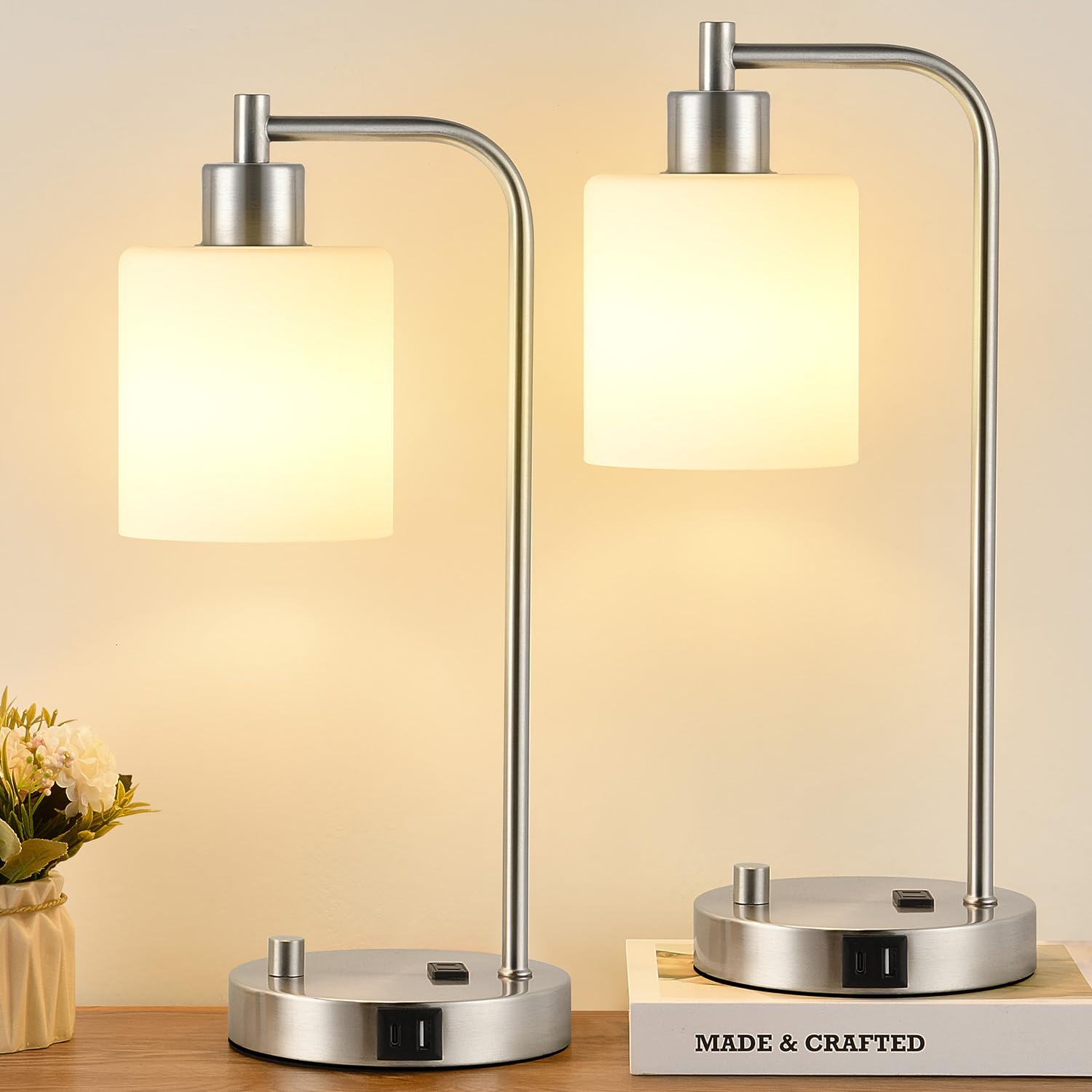 Photo 1 of Lynnoland Set of 2 Industrial Table Lamps with USB C+A Ports and Outlet, Brushed Nickle Fully Stepless Dimmable Bedside Lamps, Nightstand Lamp with Opal Glass Shade for Reading Office (2 LED Bulb)