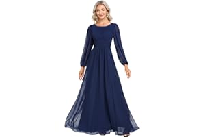 Ever Pretty Women's Crewneck Long Lantern Sleeves Floor Length A-Line Pleated Chiffon Formal Dress 0106B