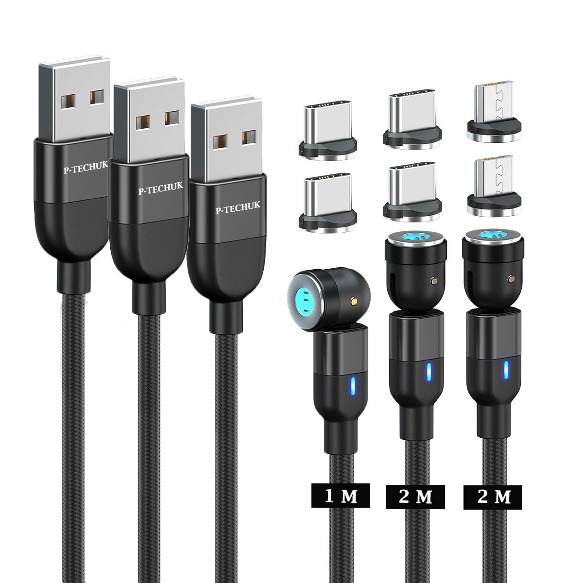 P-TECHUK 540° Fast Charging Magnetic data Cable, Magnetic Charging Cable. Type C and Micro Usb connectors - A17 Black (1M 2M 2M Cables, 6 tips)