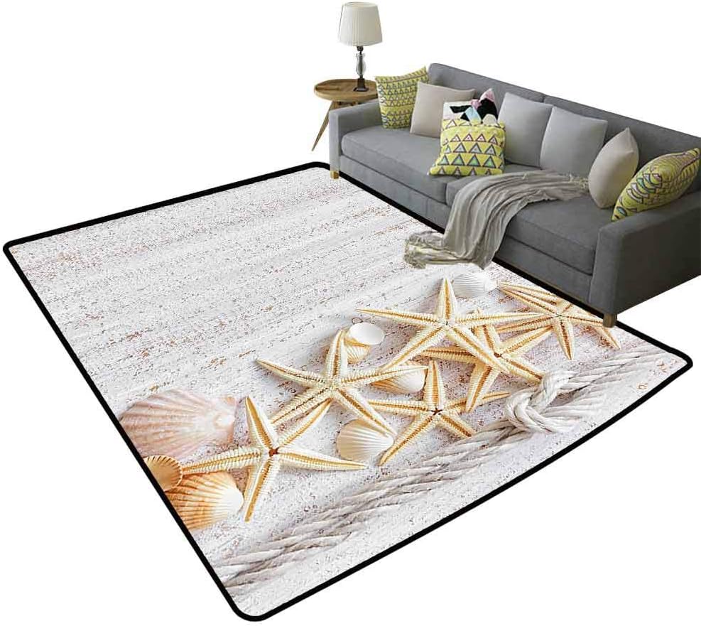 Seashells Rustic Area Rugs Seashells and Starfish with Navy Rope in Vertical Direction Wood Surface Ocean Beach Easy to Clean Ivory, 6'x 8'(180x240cm)