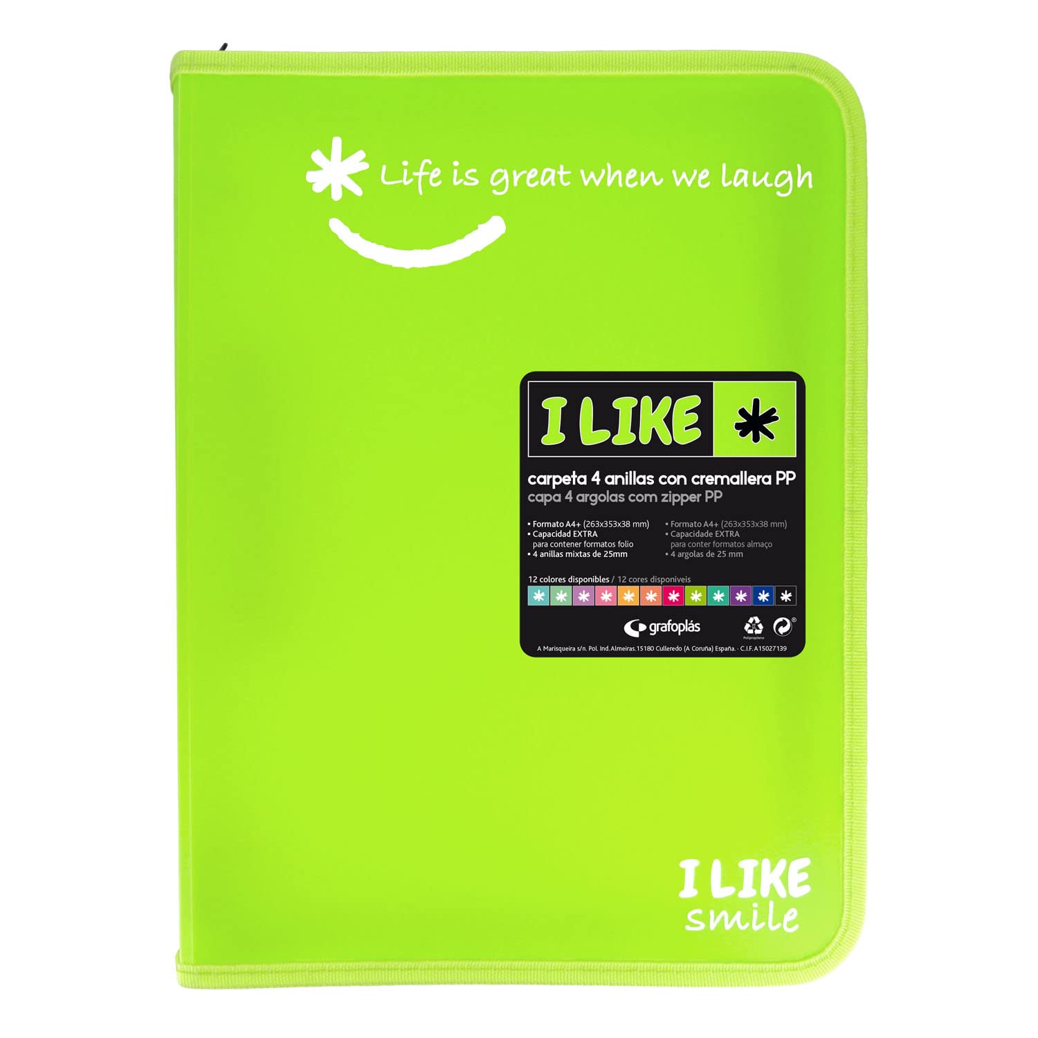 Grafoplás 4800921. Ring Binder with Zipper, A4+, Green, 4 Rings 25 mm, Like, Polypropylene