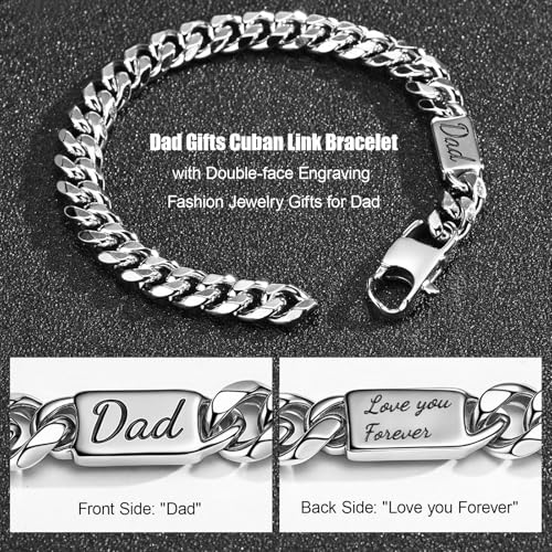 Gamtic Men's Bracelets Fathers' Day Gift - Engraved Silver Cuban Chain Bracelet Love Massage Personalised Dad Bracelets Birthday Valentines Christmas Presents for Men Father Daddy