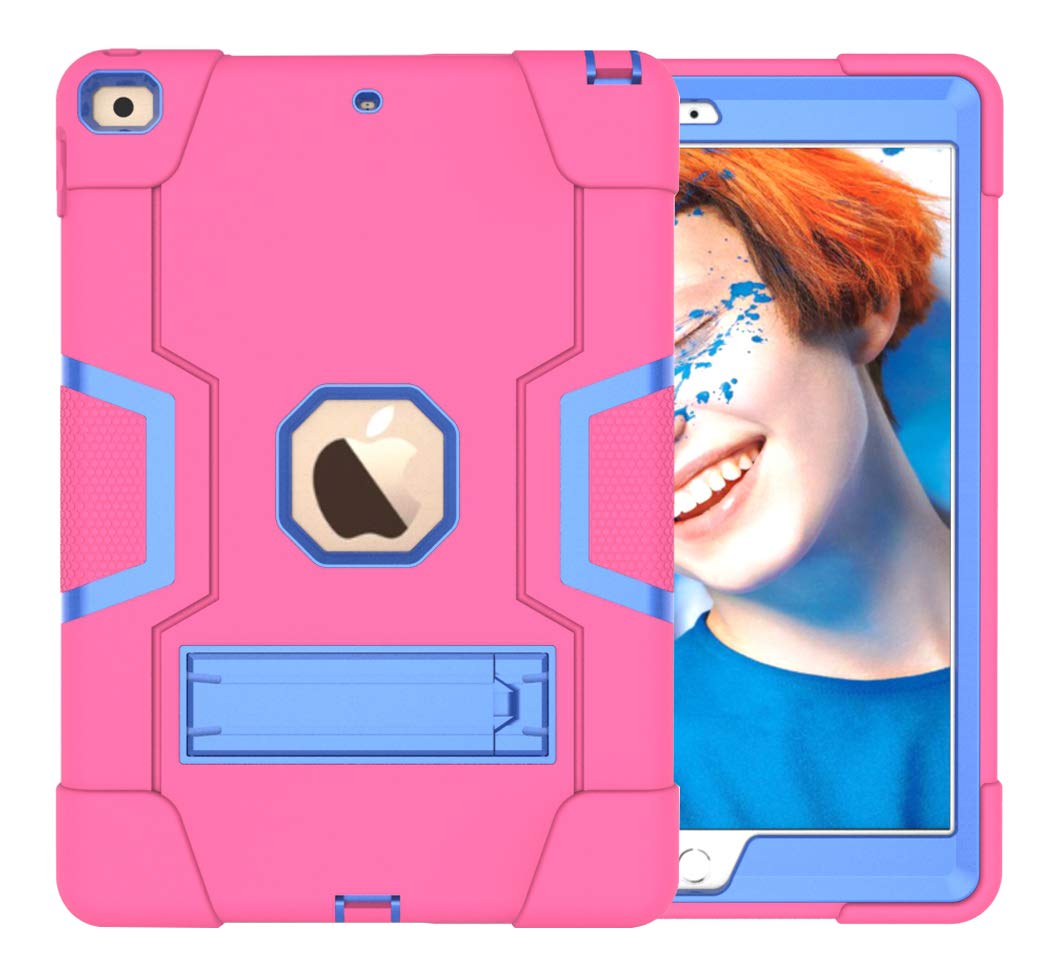 iPad iPad 6/Air2/Pro9.7 Generation Case with Kickstand, Durable Heavy Shockproof Hard Hybrid Three Layer Protective Cover iPad Tablet Silicone Case (Rounded + Blue)